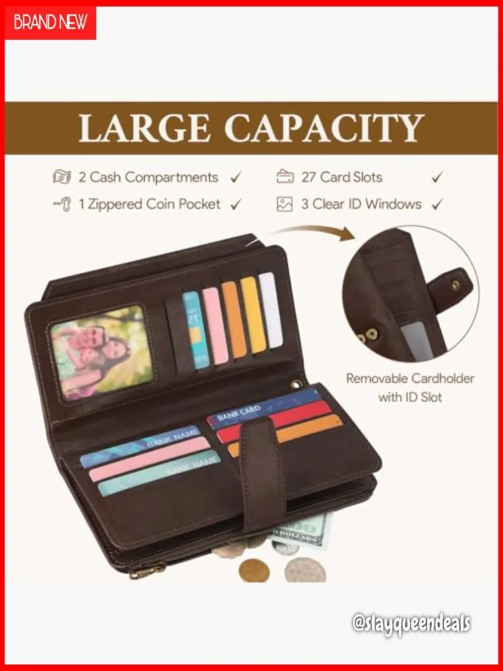 Large Capacity Bifold RFID Blocking Vegan Leather Wallet with Wristlet